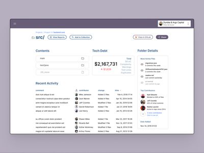 Repository screen shows details about the repo and a familiar folder structure for exploring within it. Reports from here would show analytics about that repository (that's how the product works today)