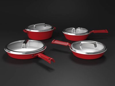 3 frying pans and a casserole, sized to fit 2 and 4 burner stoves