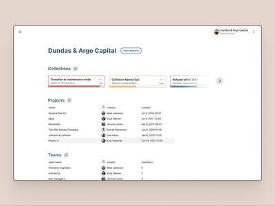 The home screen should feel light, not overwhelming. Here users see their owned or assigned collections, projects and teams.